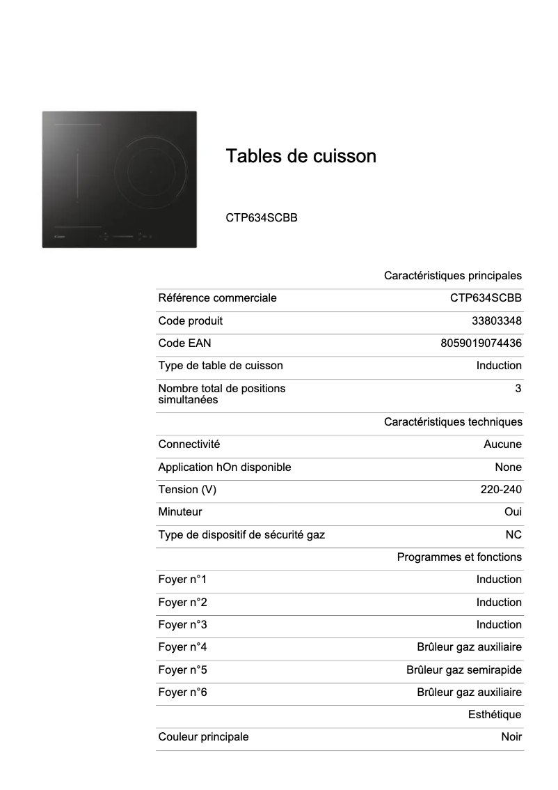 Page n°1 - Fiche technique Candy CTP634SCBB