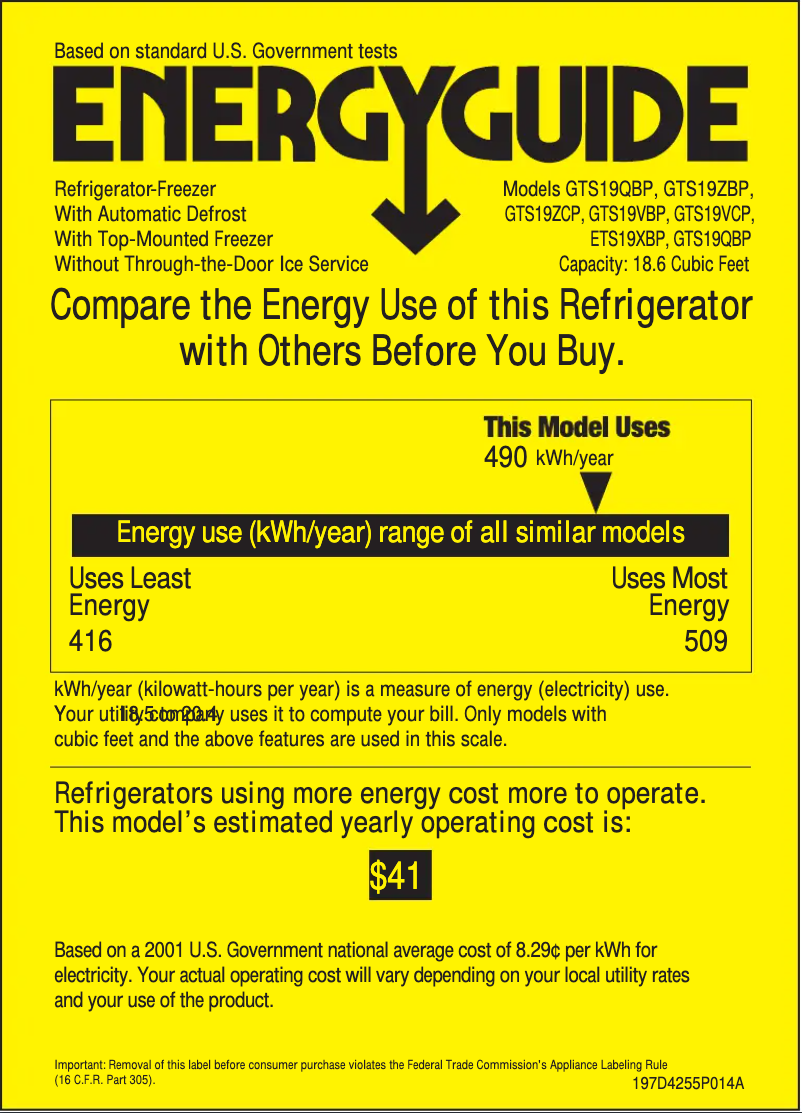 Page n°1 - Label énergétique GE GTS19QBPBB