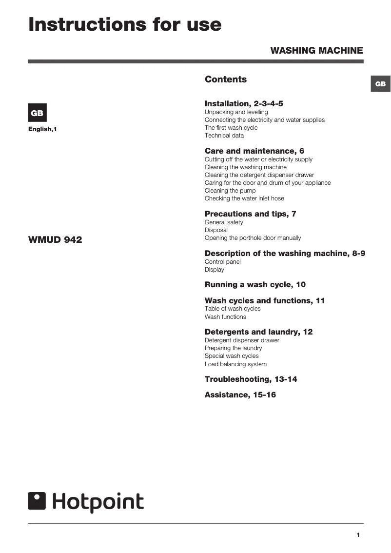 Image de la première page du manuel de l'appareil WMUD 942X