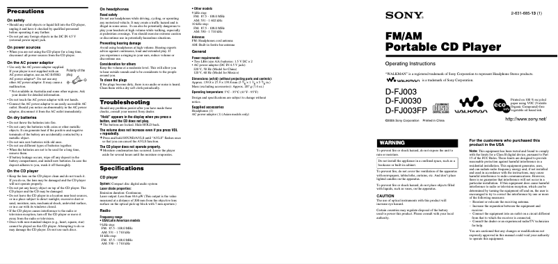 Page 1 de la notice Manuel utilisateur Sony Discman D-FJ003