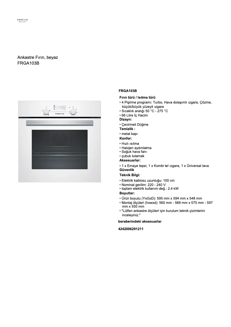 Page 1 de la notice Fiche technique Profilo FRGA103B