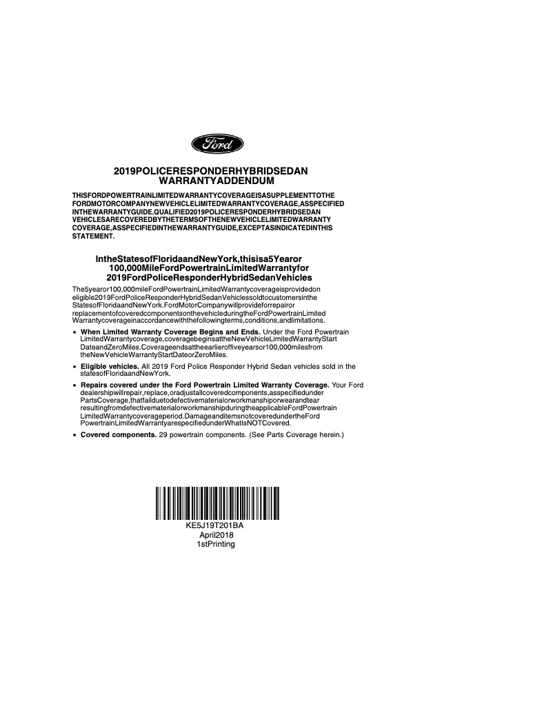 Page n°1 - Informations de garantie Ford Fusion Hybrid (2019)