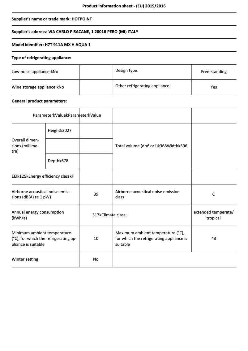 Page 1 de la notice Fiche technique Hotpoint H7T 911A MX H