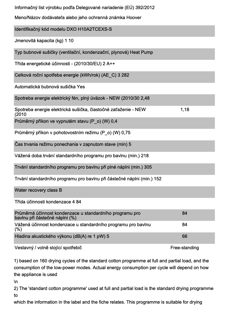 Page 1 of the manual Technical Sheet Hoover NEXT DXO H10A2TCEXS-S