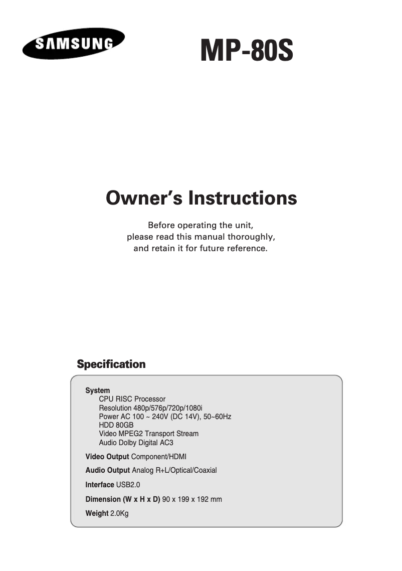 Page 1 de la notice Manuel utilisateur Samsung MP-80SA12M