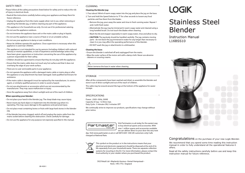 Page 1 de la notice Manuel utilisateur Logik L16BSS10