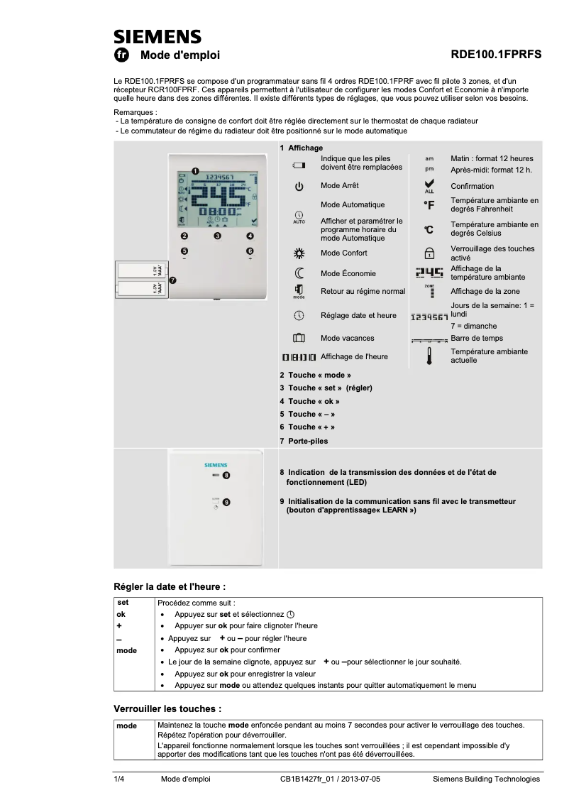 Image de la première page du manuel de l'appareil RDE100.1FPRFS