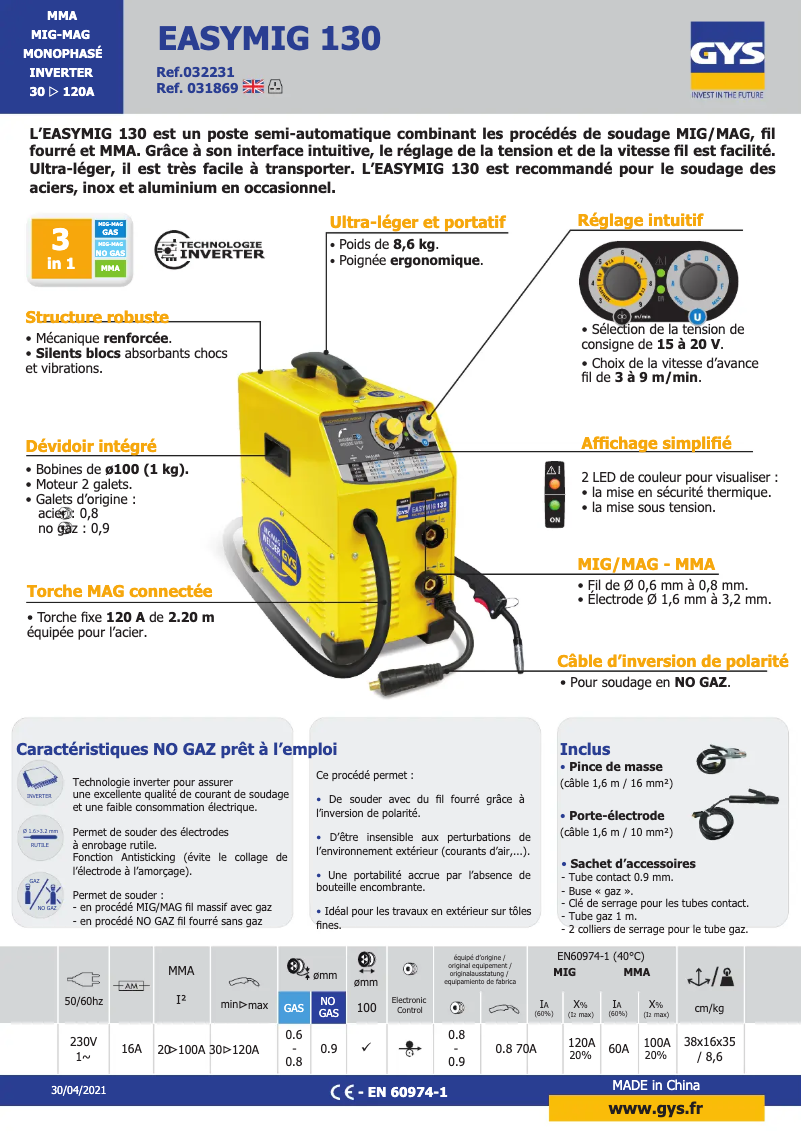 Página 1 del manual Ficha técnica GYS EasyMIG 130