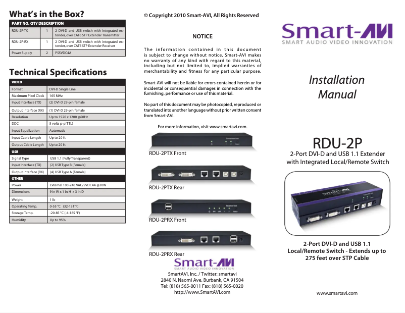 Page 1 de la notice Manuel utilisateur Smart-AVI RDU-2PS