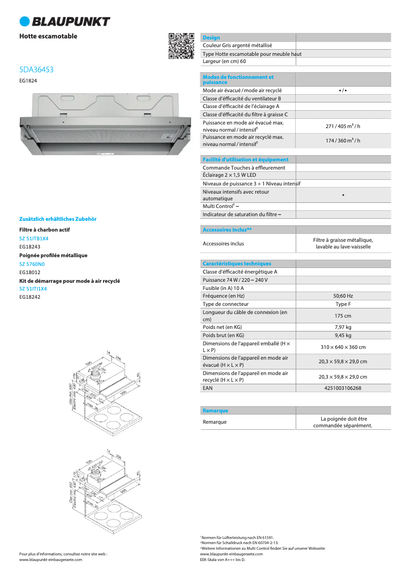 Page 1 de la notice Fiche technique Blaupunkt 5DA36453