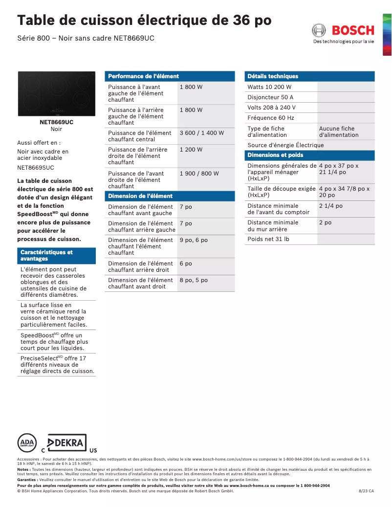 Page 1 de la notice Fiche technique Bosch NET8669UC
