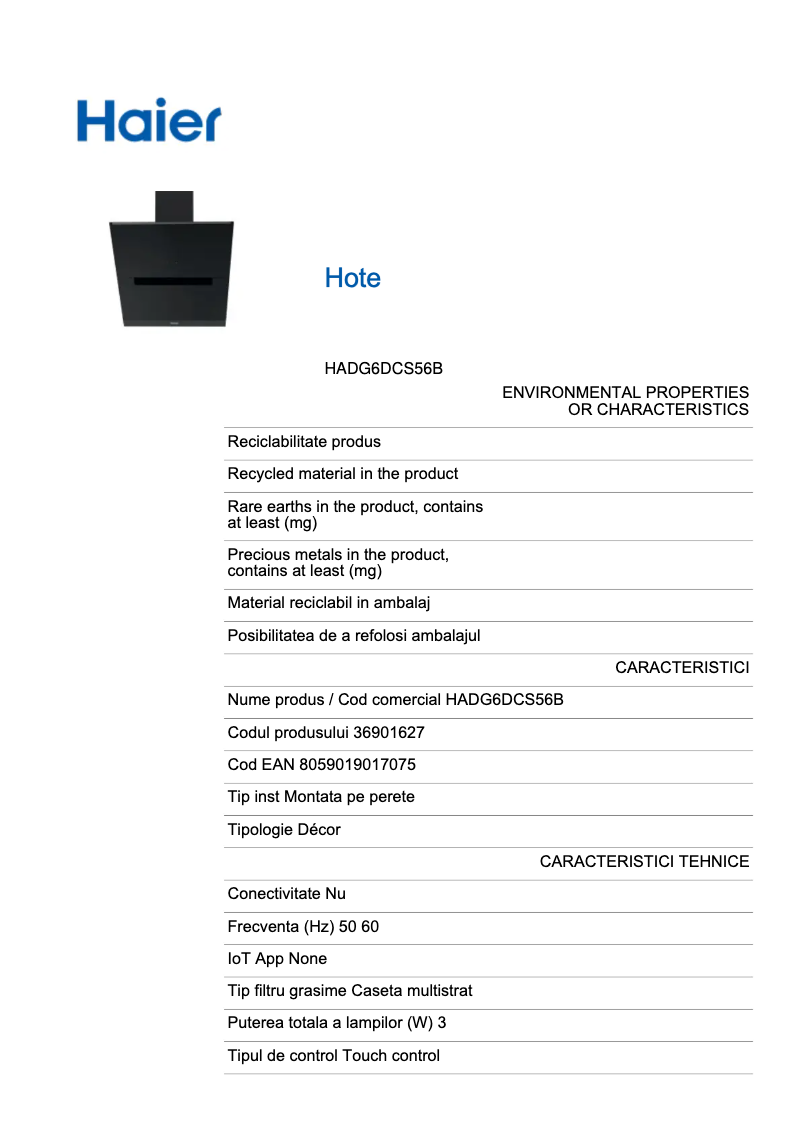 Page 1 de la notice Fiche technique Haier HADG6DCS56B