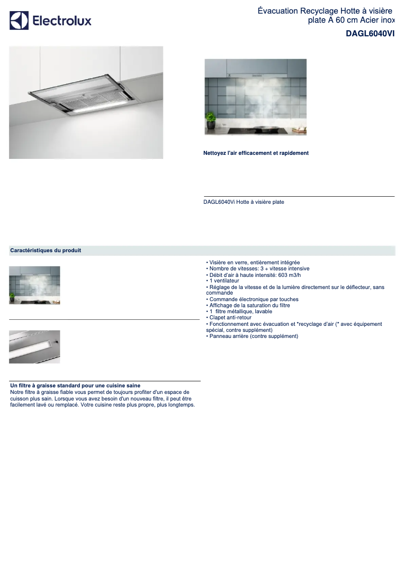 Page 1 de la notice Fiche technique Electrolux DAGL6040VI