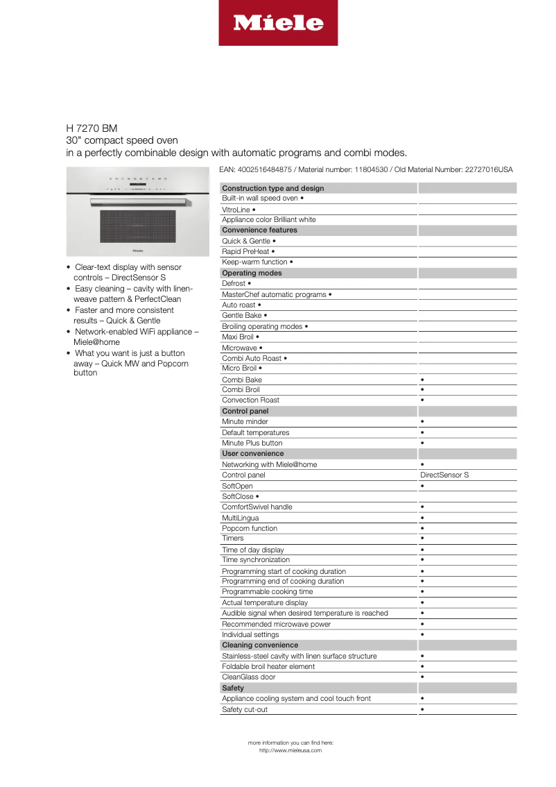 Page 1 de la notice Fiche technique Miele H 7270 BM