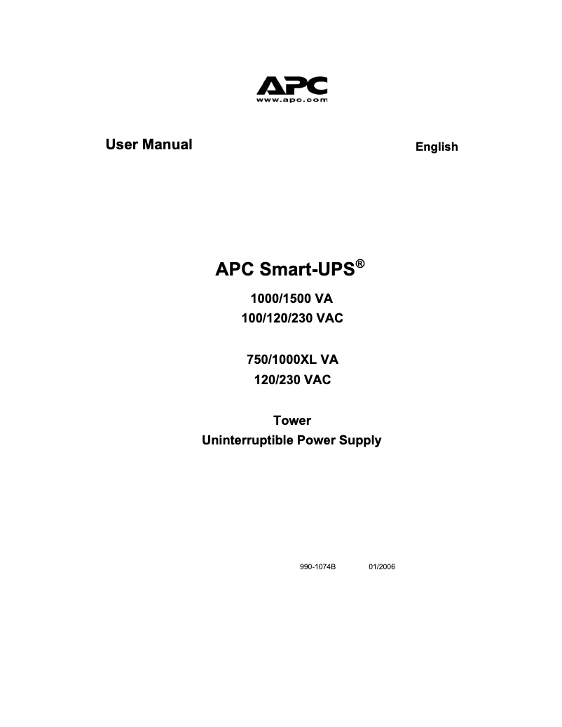 Page n°1 - Manuel utilisateur APC Smart-UPS XL 1000VA