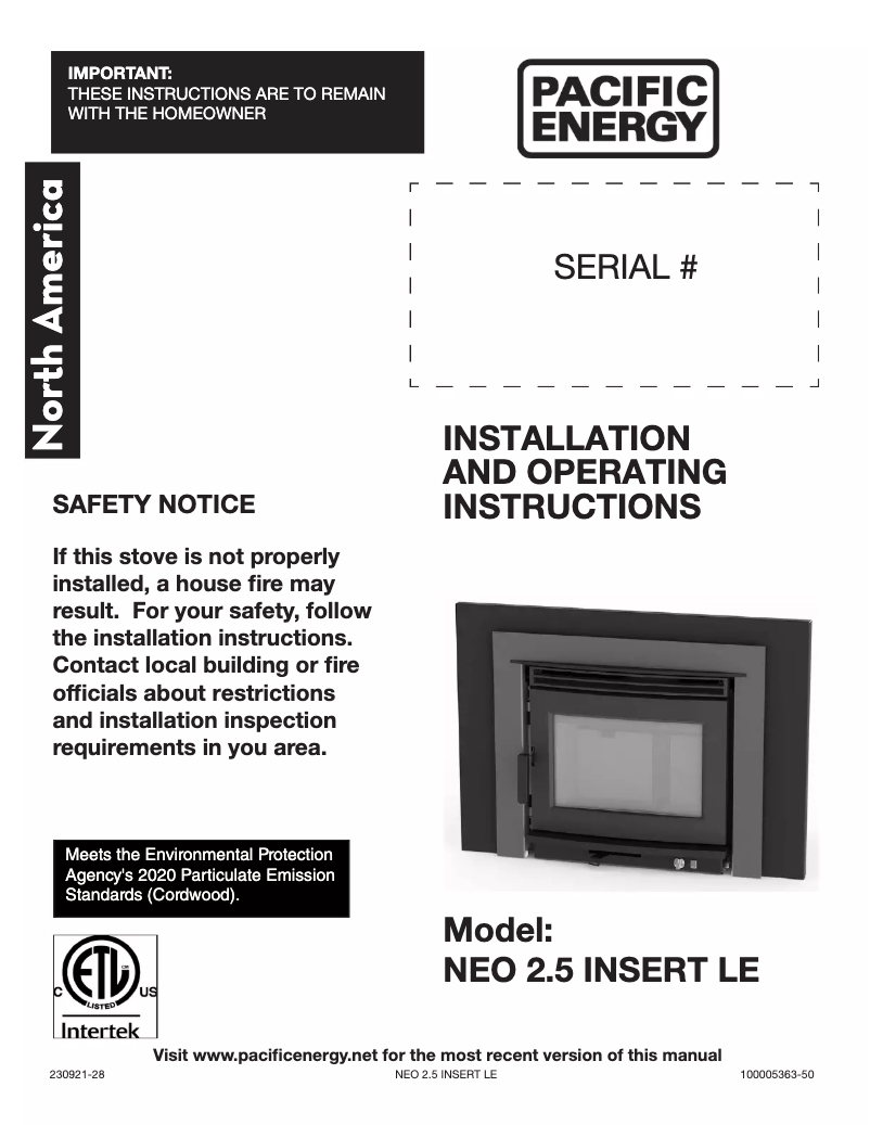 Page n°1 - Manuel utilisateur Pacific Energy Neo 2.5 Insert LE