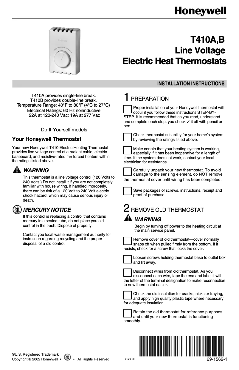 Page 1 de la notice Guide d'installation Honeywell T410B