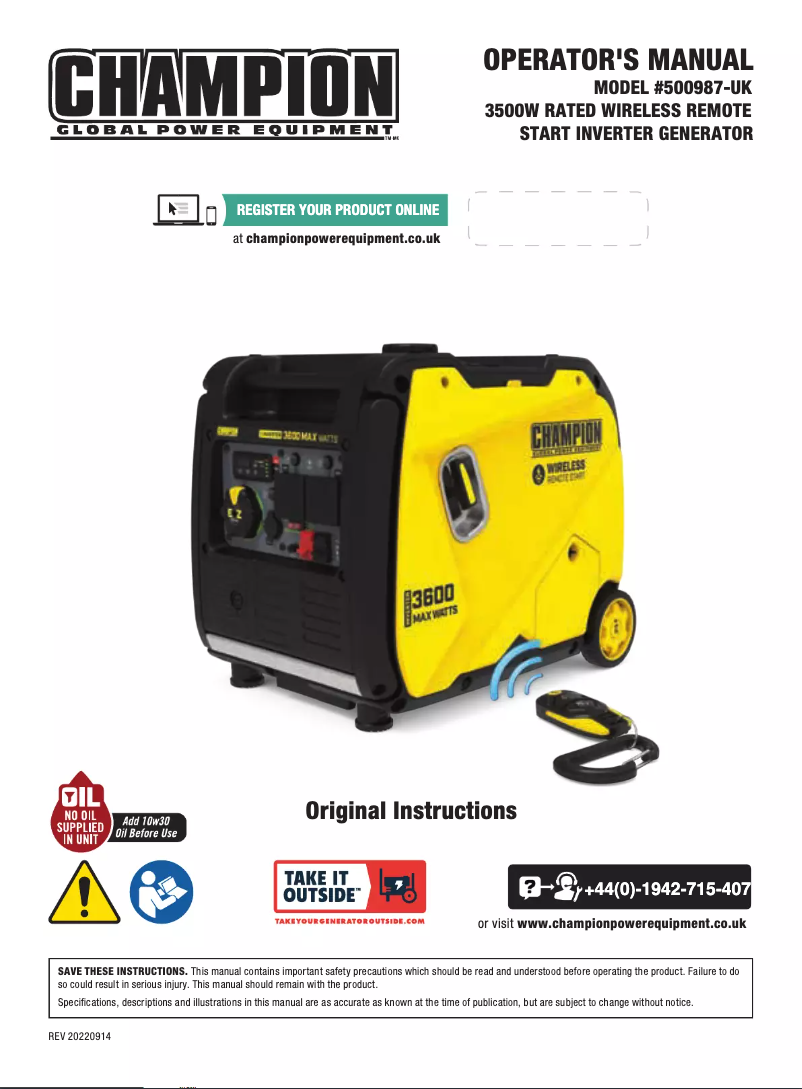 Page 1 de la notice Manuel utilisateur Champion 500987-UK