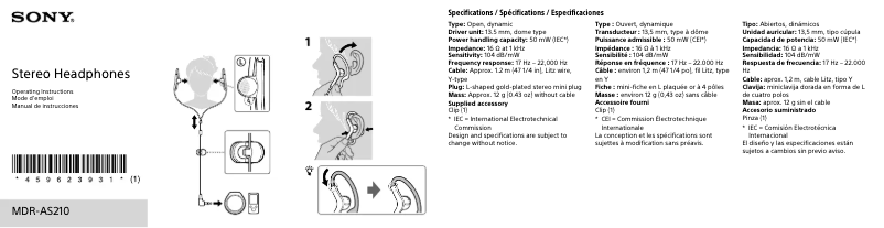 Page 1 de la notice Manuel utilisateur Sony MDR-AS210