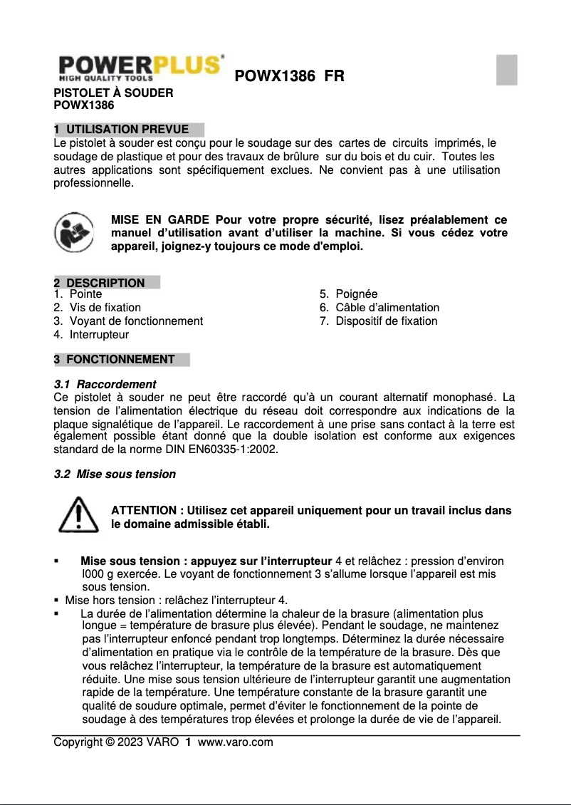 Page 1 de la notice Manuel utilisateur PowerPlus POWX1386
