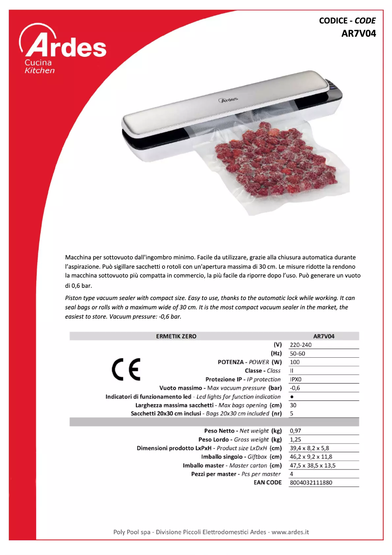 Page 1 de la notice Fiche technique Ardes AR7V04