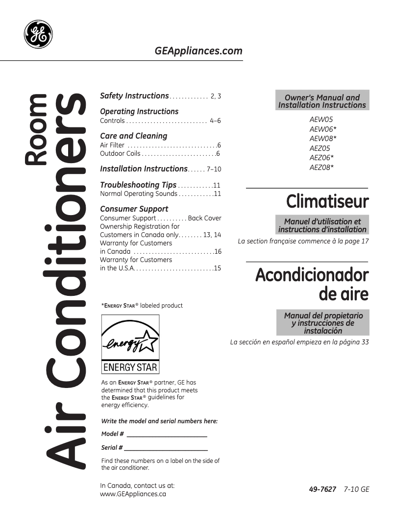 Page n°1 - Manuel d'utilisation et d'entretien GE AEW06LN
