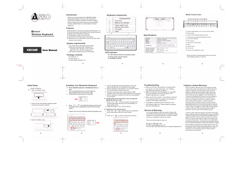 Page n°1 - Manuel utilisateur Azio Bluetooth KB334B