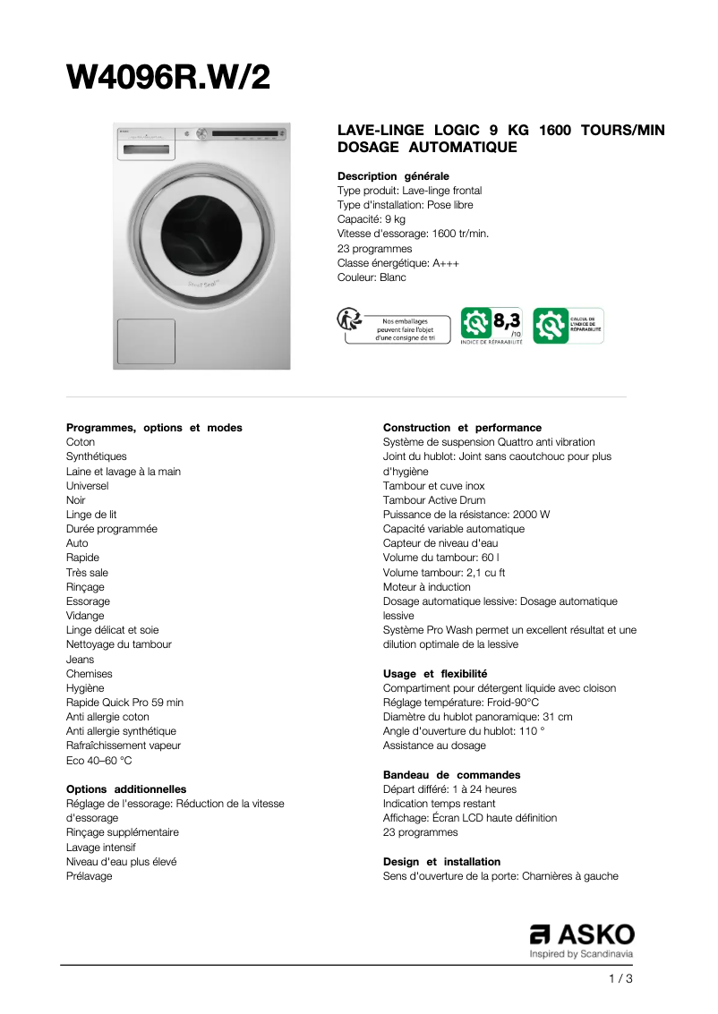 Page 1 de la notice Fiche technique Asko W4096RW2
