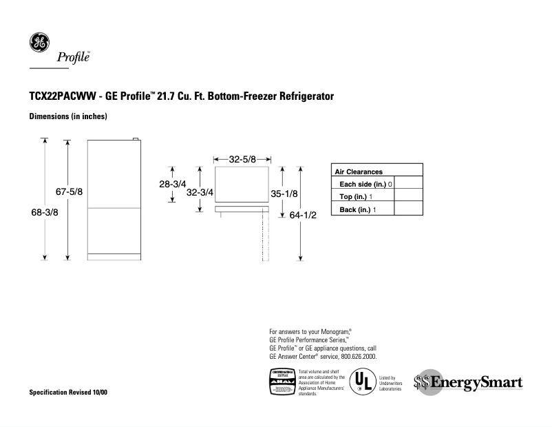 Página 1 del manual Ficha técnica GE Profile TCX22PACWW