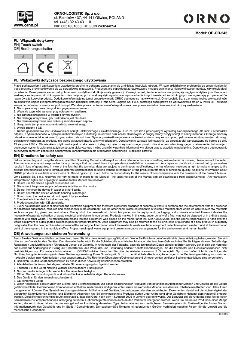 Page n°1 - Manuel utilisateur ORNO OR-CR-245