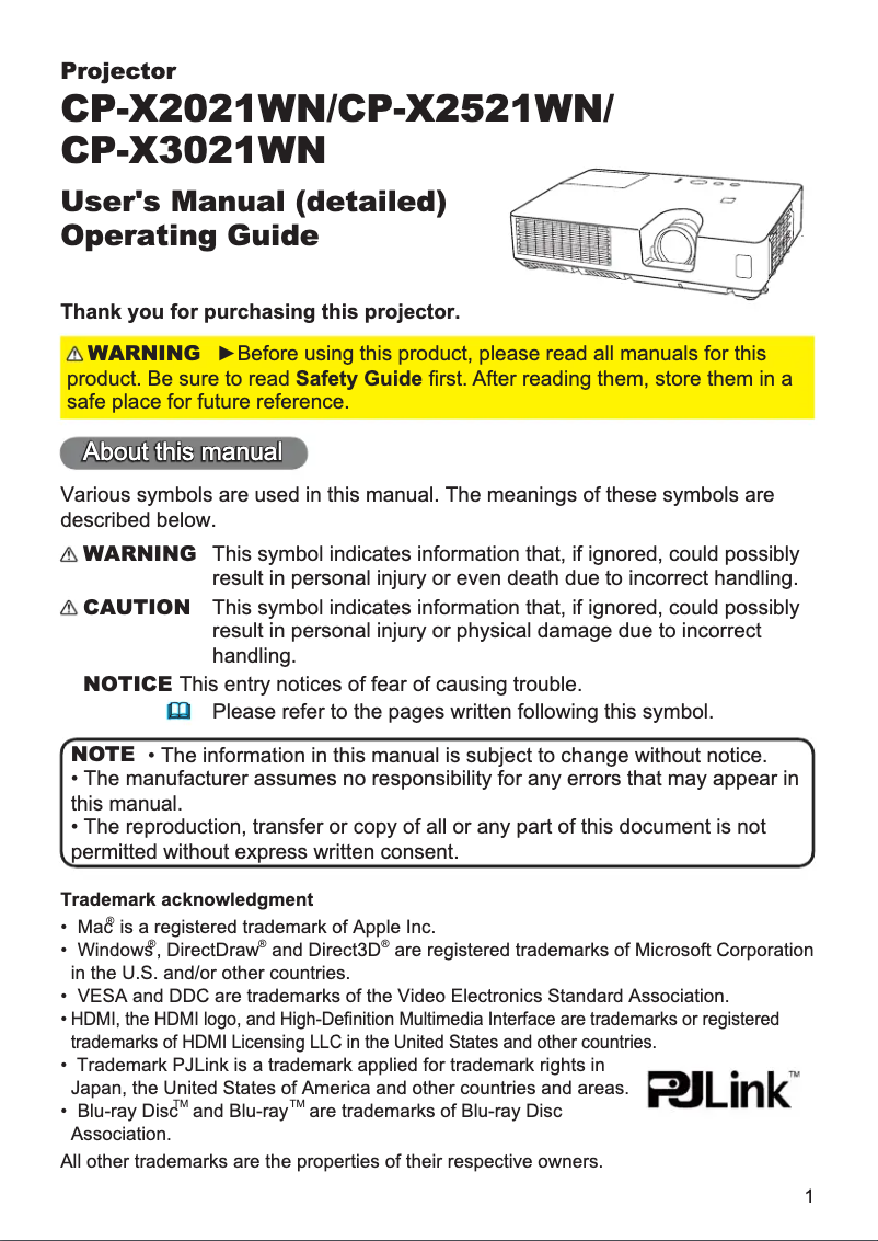 Page n°1 - Manuel utilisateur Hitachi CP-X3021WNEF