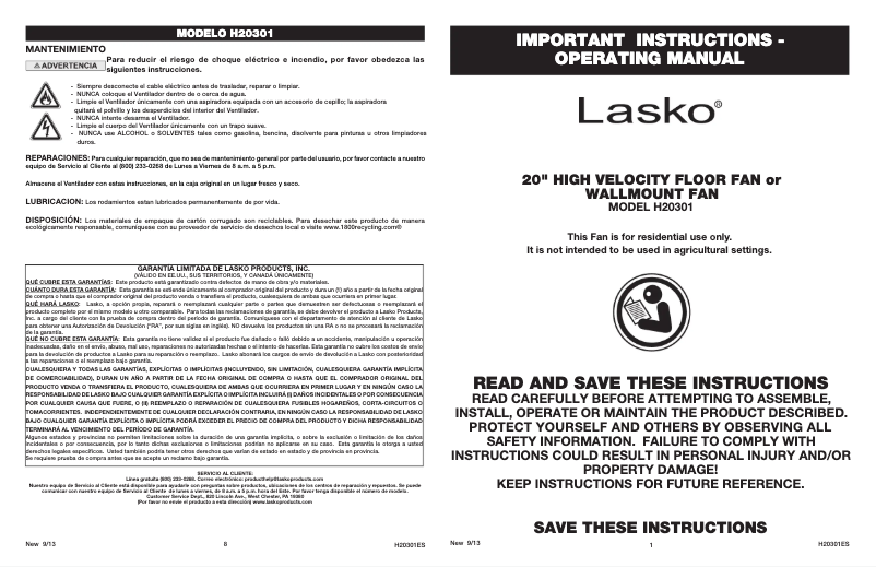 Page 1 de la notice Manuel utilisateur Lasko Max Performance H20301