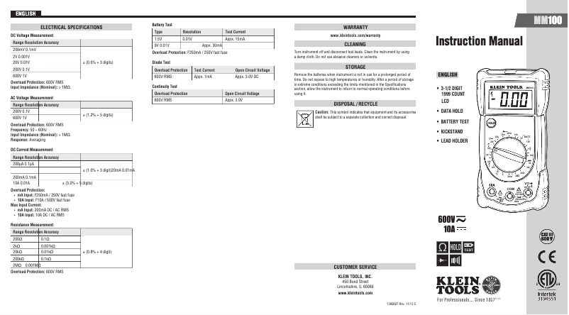 Image de la première page du manuel de l'appareil MM100