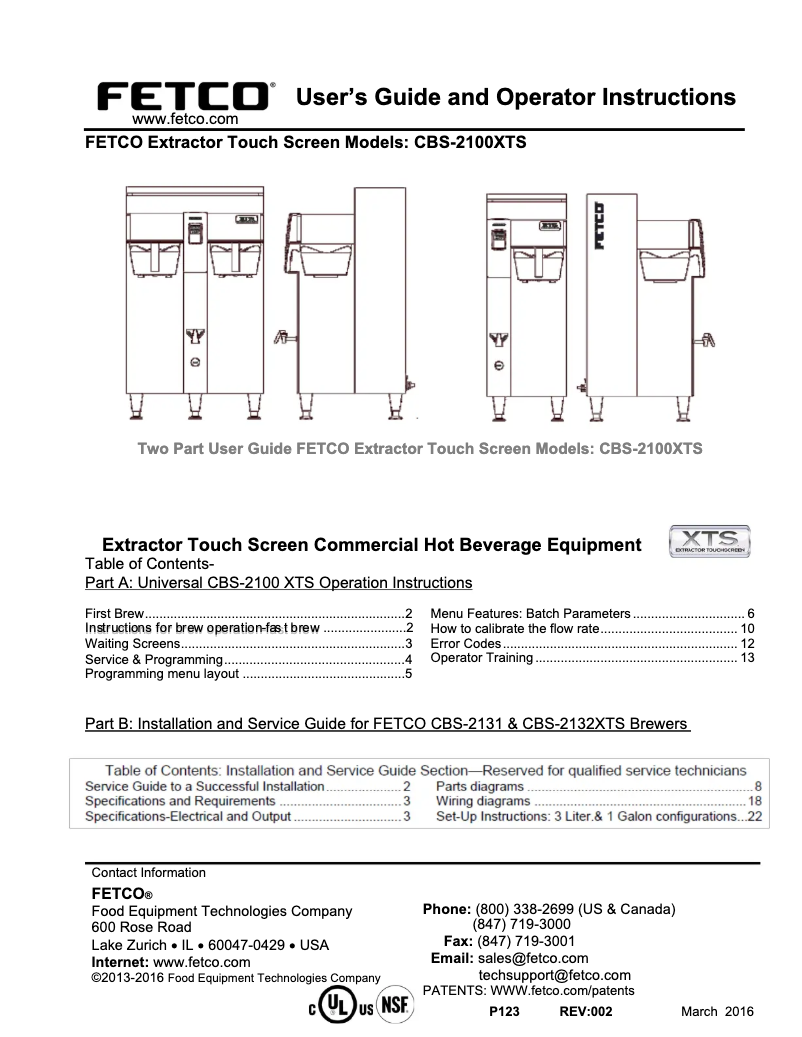 Page 1 de la notice Manuel utilisateur Fetco CBS-2131XTS