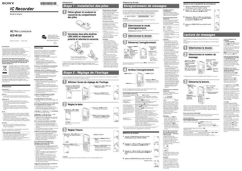Page n°1 - Manuel utilisateur Sony ICD-B120