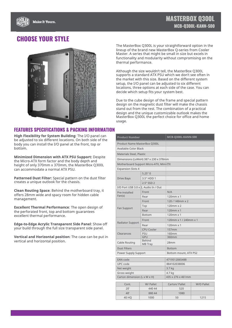 Page 1 de la notice Manuel utilisateur Cooler Master MasterBox Q300L