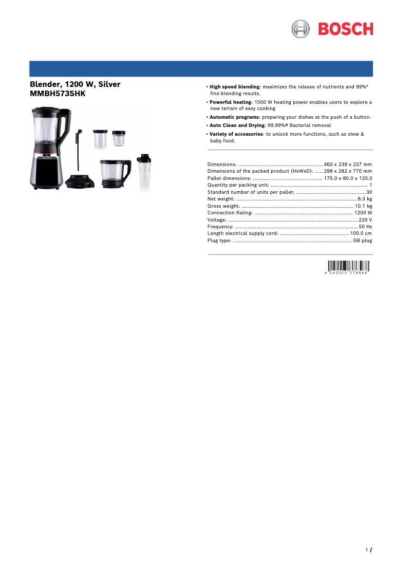 Page n°1 - Fiche technique Bosch MMBH573SHK