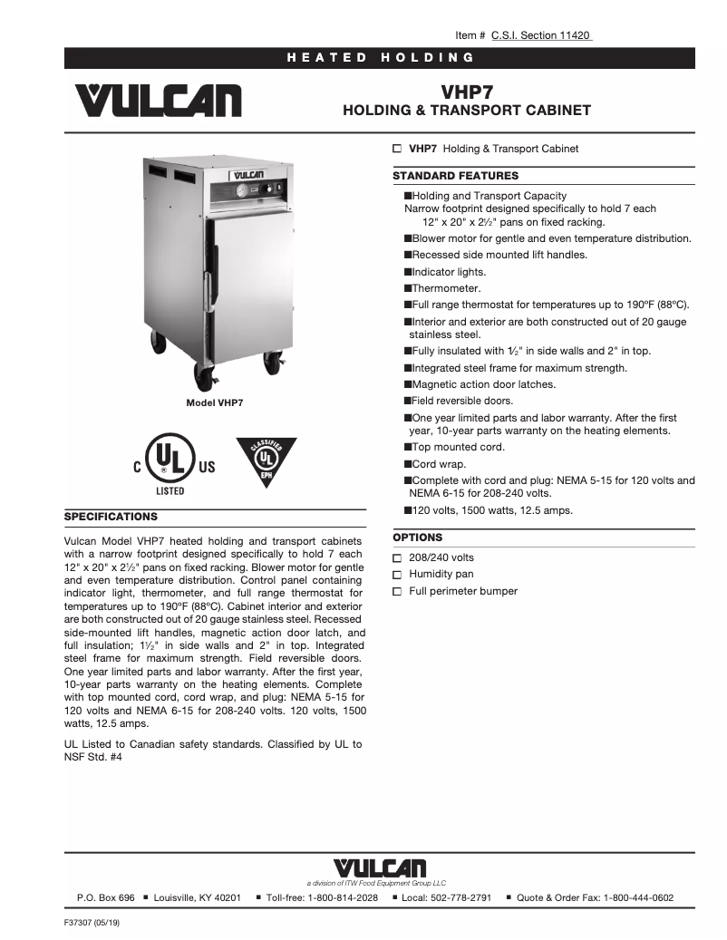 Page 1 de la notice Fiche technique Vulcan VHP7