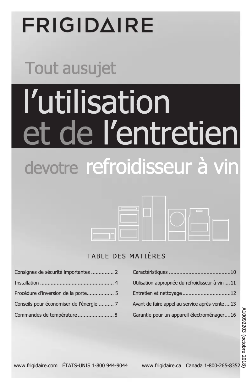 Page 1 de la notice Manuel utilisateur Frigidaire FGWC52L3TS