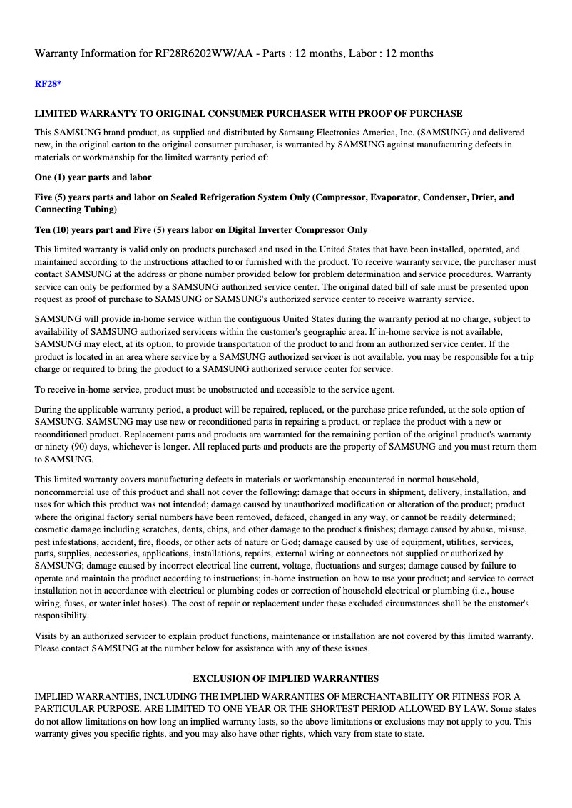 Página 1 del manual Información de garantía Samsung RF28R6201SG