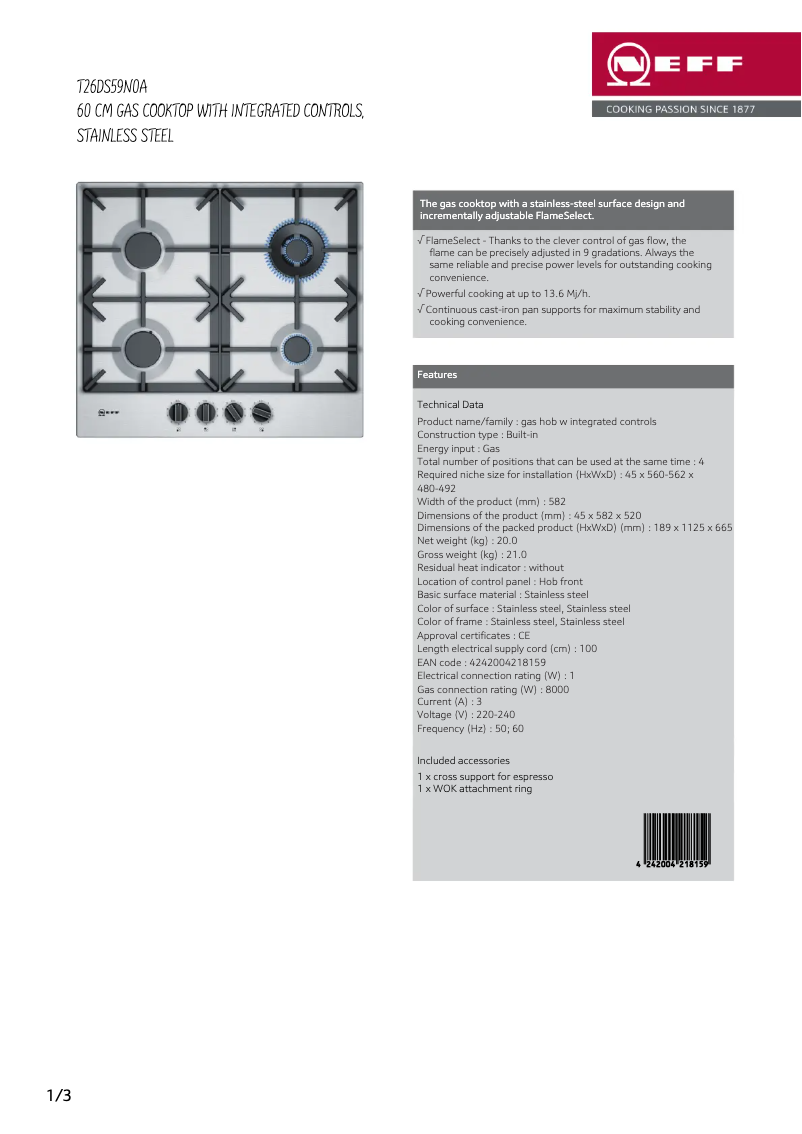 Page n°1 - Fiche technique Neff T26DS59N0A