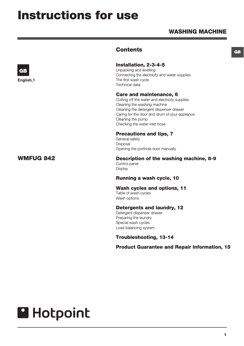 Page n°1 - Manuel utilisateur Hotpoint WMFUG 842P UK.M