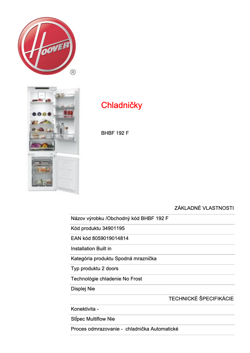 Page n°1 - Fiche technique Hoover BHBF 192 F