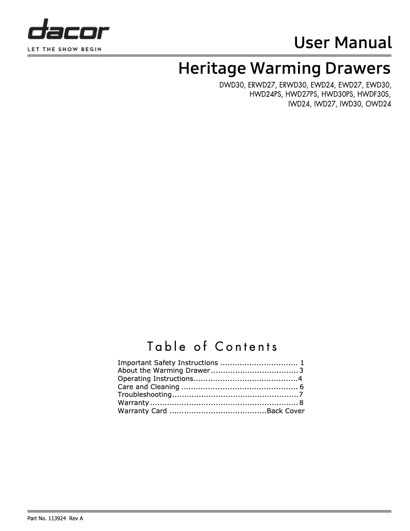 Page 1 de la notice Manuel utilisateur Dacor HWD27PS