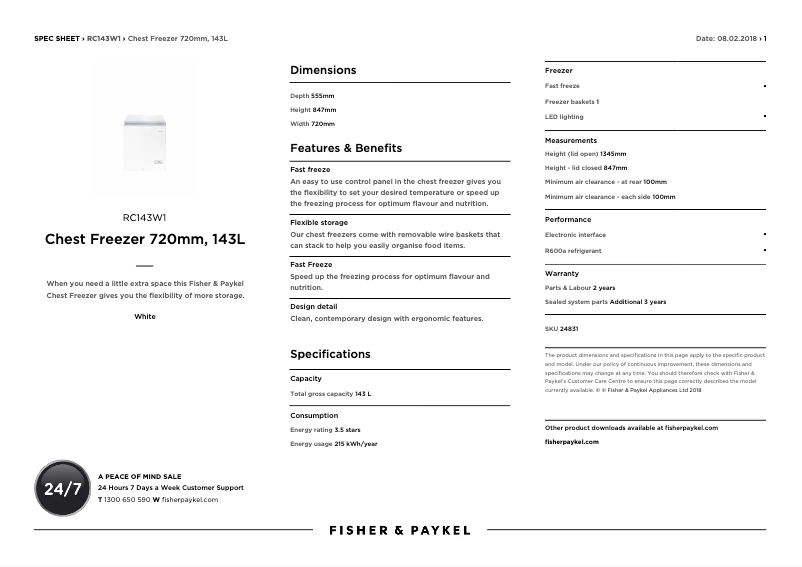 Page n°1 - Fiche technique Fisher & Paykel RC143W1