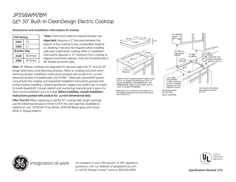 Page 1 of the manual Technical Sheet GE JP356BMBB