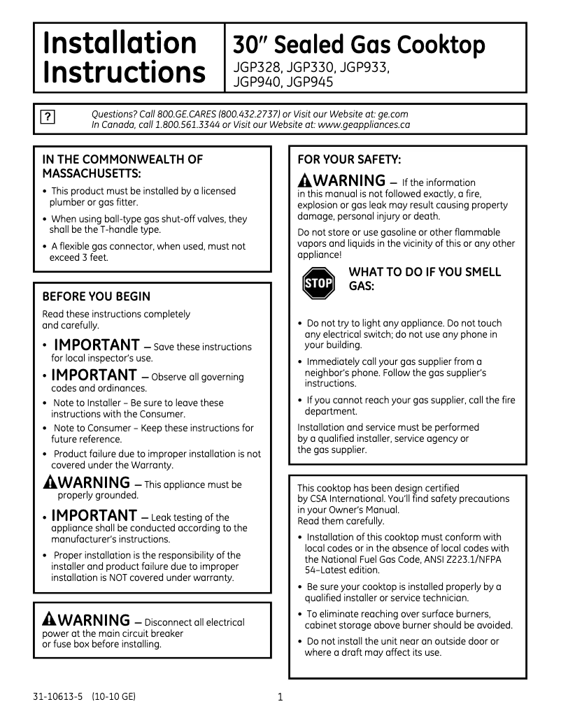 Page n°1 - Guide d'installation GE Profile JGP933SEKSS
