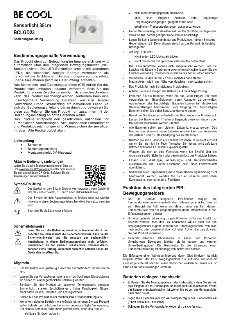 Page 1 de la notice Manuel utilisateur Be Cool BCLGD23