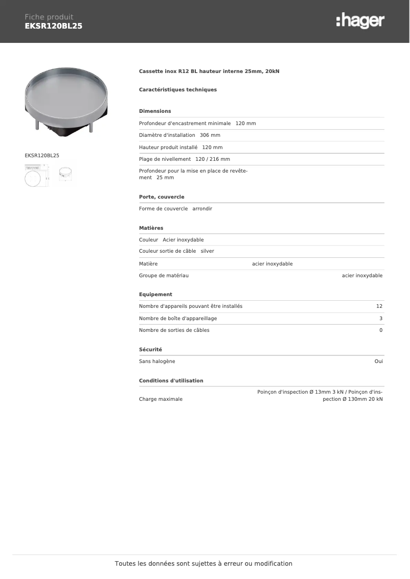 Page 1 de la notice Fiche technique Hager EKSR120BL25