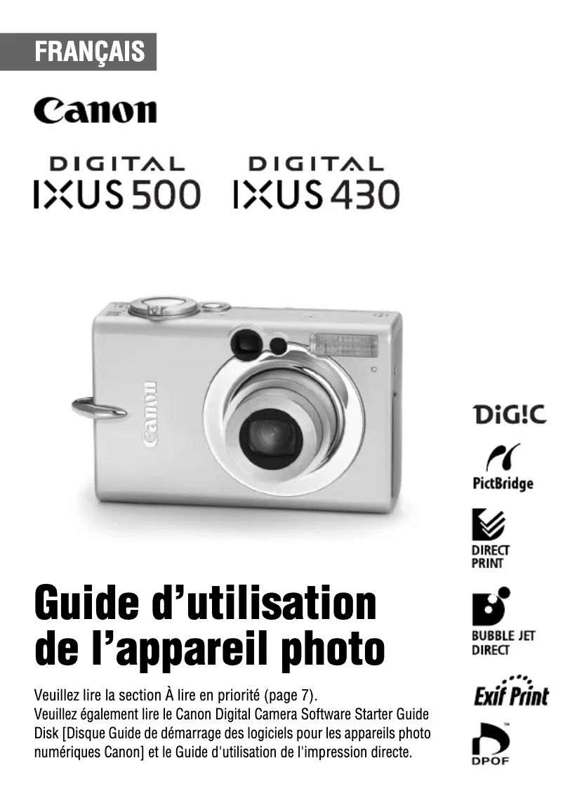 Page 1 de la notice Manuel utilisateur Canon Ixus 500